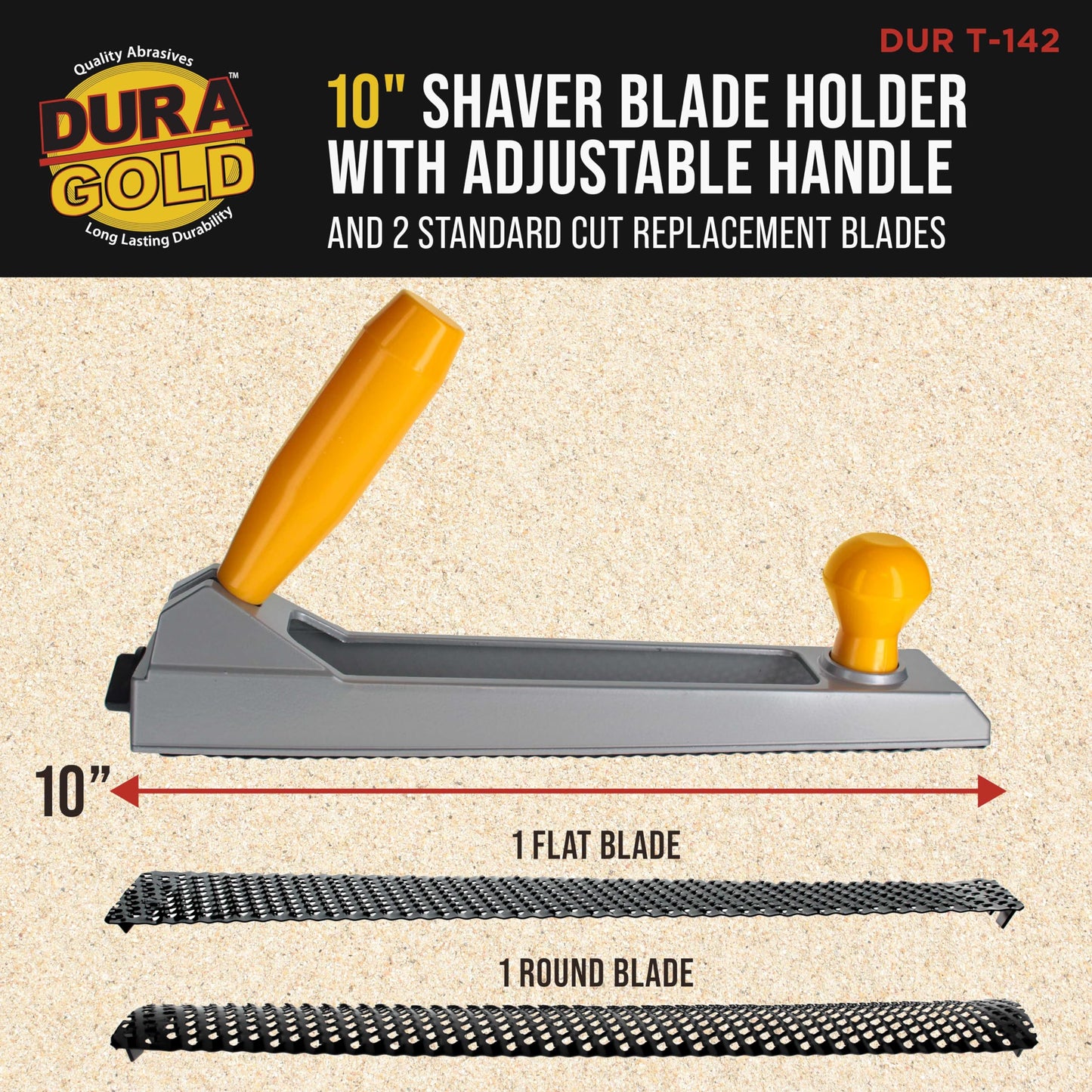 Dura-Gold 10" Shaver Blade Holder with Adjustable Handle, 2 Replacement Blades (1/2 Round & Flat) – Hand Planer for Wood, Drywall & Auto Filler