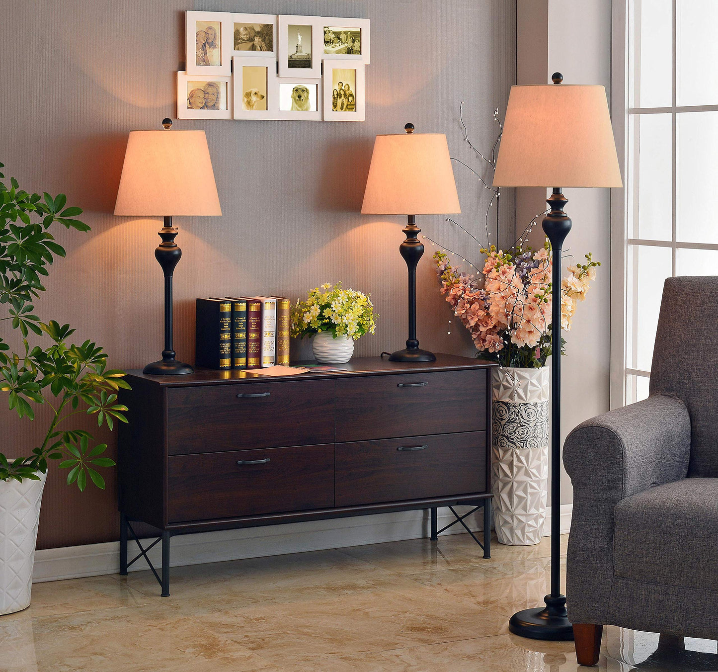 Kenroy Home KH87050 Charlotte 3-Pack - 2 Table Lamps, 1 Floor Lamp with Oil Rubbed Bronze Finish, Classic Style, 30.5" Height, 13" Width, 13" Depth