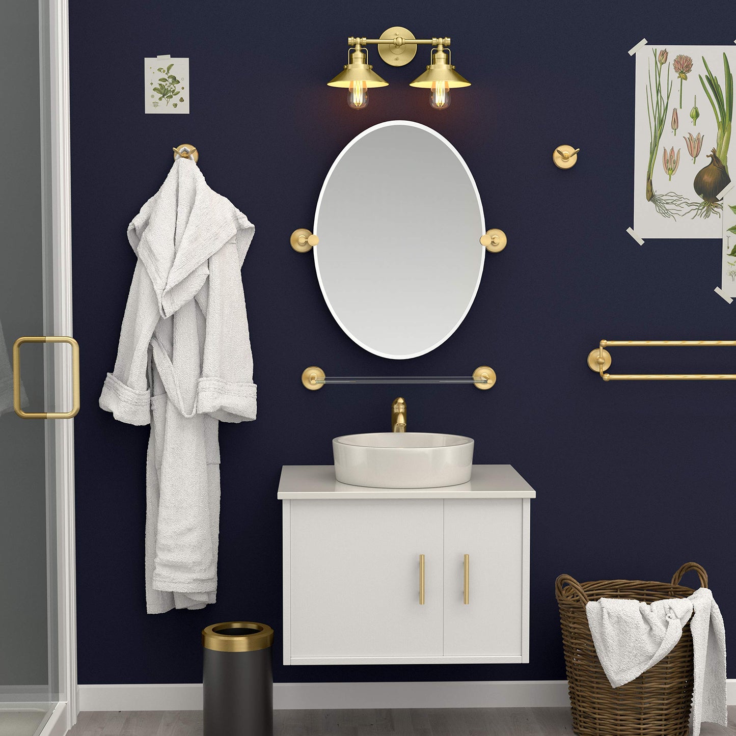 Gatco 5057 Designer II Glass Shelf, Brushed Brass/Wall Mounted 22.50" x 5.85" Tempered/Floating Rectangle Glass Shelf for Bathroom