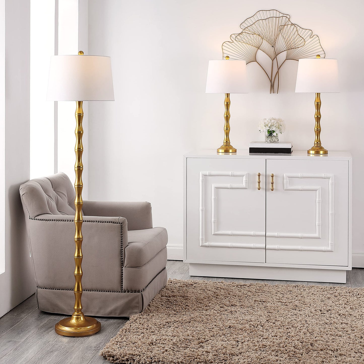 SAFAVIEH Lighting Collection Aurelia Contemporary Gold Floor & Table Lamp Set of 3 (LED Bulbs Included)
