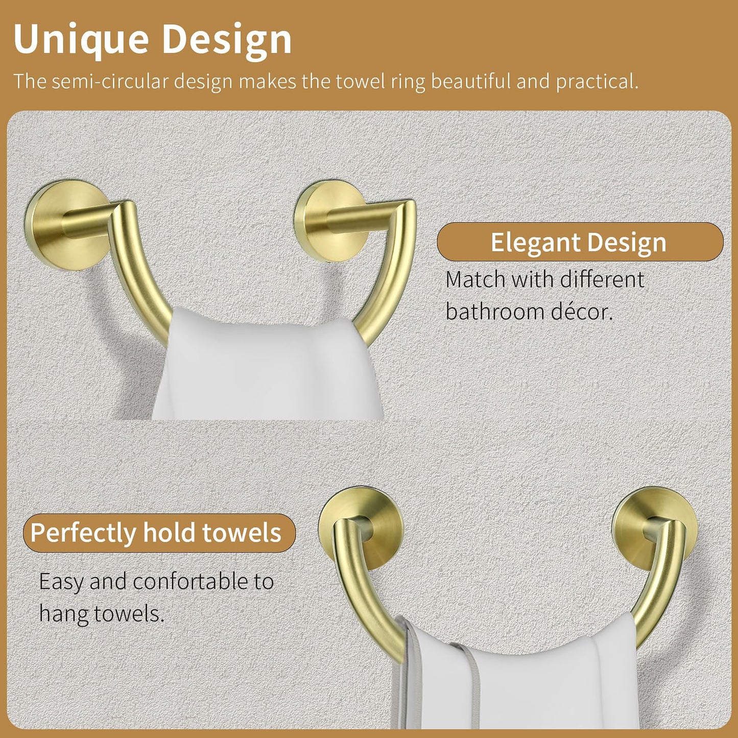 HouseAid Stainless Steel Towel Ring for Bathroom, Hand Towel Holder, Modern Semi-Circular Hand Towel Rack, Wall Mounted, Brushed Gold