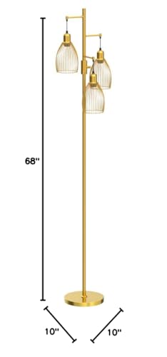 Dimmable Gold Industrial Floor Lamp, 3 Teardrop Cage LED Heads, 800 Lumens, Tall Standing Lamp for Living Room, Bedroom, Office