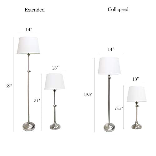 Elegant Designs LC1017-BSN Brushed Nickel Adjustable 3 Pack Lamp Set with White Fabric Shades, 1 Floor Lamp and 2 Table Lamps