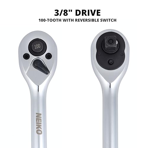 NEIKO 3/8 Inch Ratchet Wrench, 100-Tooth Reversible, 3.6 Degree Swing, Quick Release, 8" Long Handle, Silver Chrome Vanadium Steel