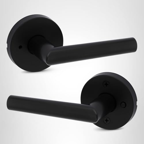 Kwikset Milan Interior Privacy Door Handle with Lock, Door Lever For Bathroom and Bedroom, Matte Black Reversible Keyless Push Button Lock Door Lever