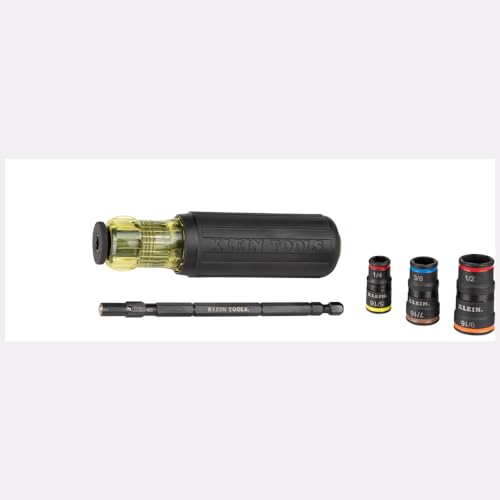 Klein Tools 32910 7-in-1 Impact Driver & SAE Socket Set with Handle, Flip Sockets 1/4–9/16" Nut Drivers + 1/4" Bit Holder