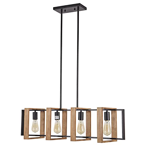 **Farmhouse 4-Light Rectangular Pendant Chandelier, Wood & Black Metal Kitchen Island Dining Room Light, 35.4"**