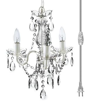Gypsy Color Brink House 3-Light Plug-in Swag Chandelier, White Metal Frame with Clear Glass & Acrylic Crystals, 17"x12"