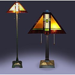 Serena D'italia Tiffany Floor Lamp and Table Lamp Set - Aztec Mission Style Tiffany Table Lamp and Floor Lamp - Amber Glass Nightstand Lamp