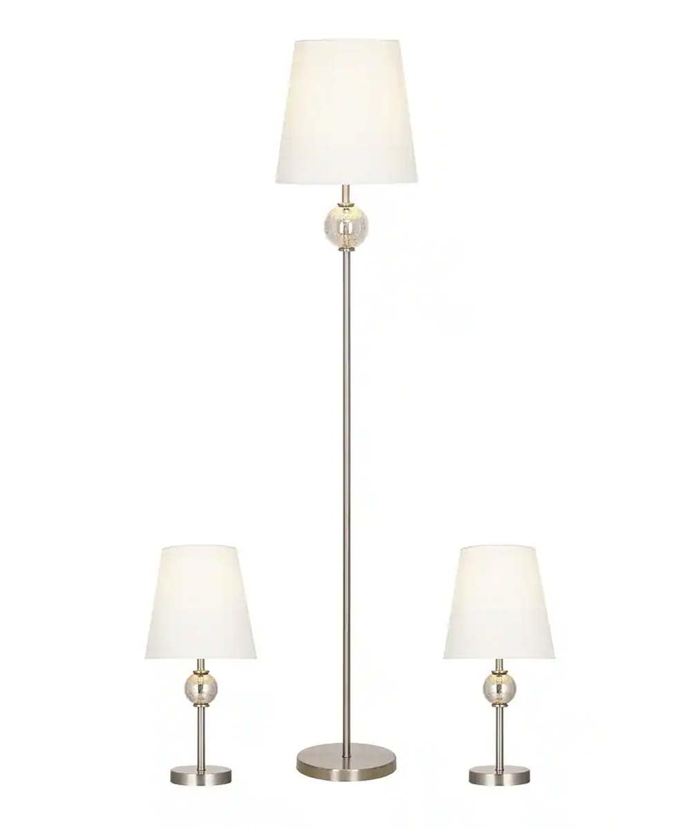 Catalina Modern Classic 3-Piece Floor and Table Lamp Combo Set, Brushed Nickel Metal Finish w/Glass Font
