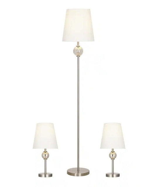 Catalina Modern Classic 3-Piece Floor and Table Lamp Combo Set, Brushed Nickel Metal Finish w/Glass Font