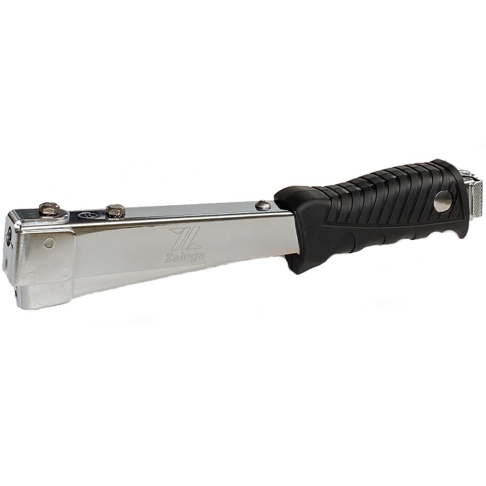 Zeluga Heavy Duty Steel Hammer Tacker with Ergo Grip, Anti-Jam Magazine, Fits 1/4"-3/8" Staples (A11, T50, 140) - Black