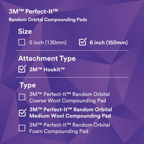 3M Perfect-It Random Orbital Medium Wool Compounding Pad, 6"/150 mm, White, 34125, Orbital Pads for Automotive Compounding and Polishing