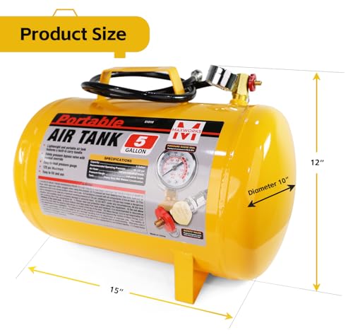 MaxWorks 51010 5 Gallon Portable Air Tank with Pressure Gauge, Safety Valve & 40" Hose, Lightweight Durable, 140 PSI Max