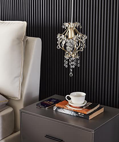 Surpars House Elegant Mini Chandelier Plug in Crystal Pendant Light,Golden