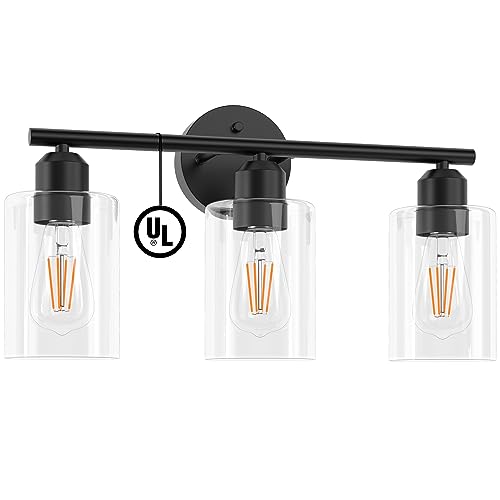 Espird Matte Black 3-Light Bathroom Vanity Fixture, Modern Over-Mirror Wall Sconce with Glass Shades, UL Certified