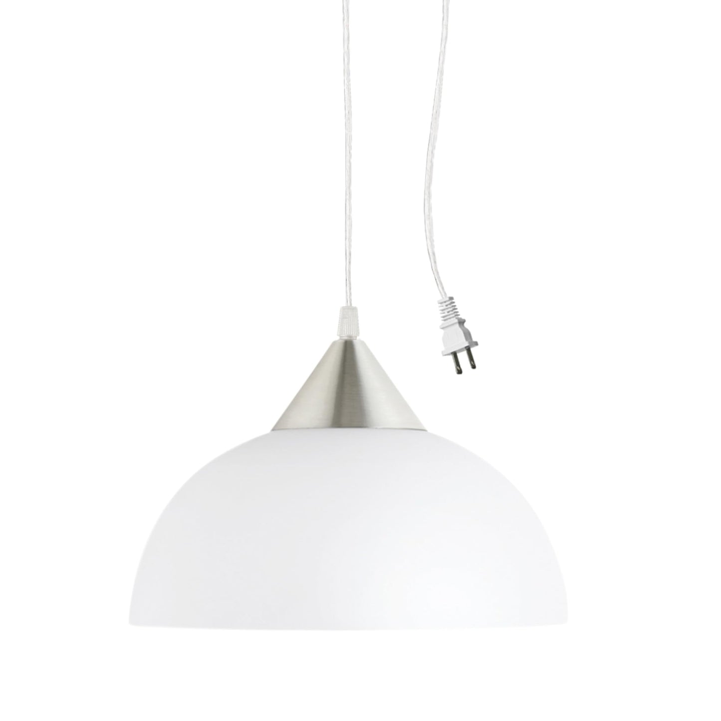 GLOBE Electric 64413 Plug-In Pendant Light, 1-Light Brushed Steel with Frosted White Shade, 15ft Clear Cord, In-Line Switch, E26 Base