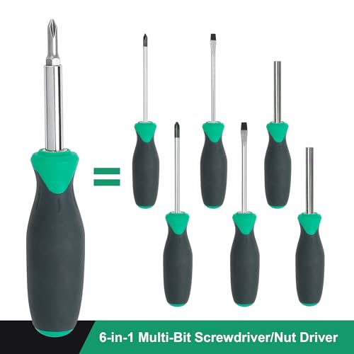 Amazon Basics 6-in-1 Multi-Bit Screwdriver/Nut Driver, Multicolor(Silver, Northern Glow Green, Grey)