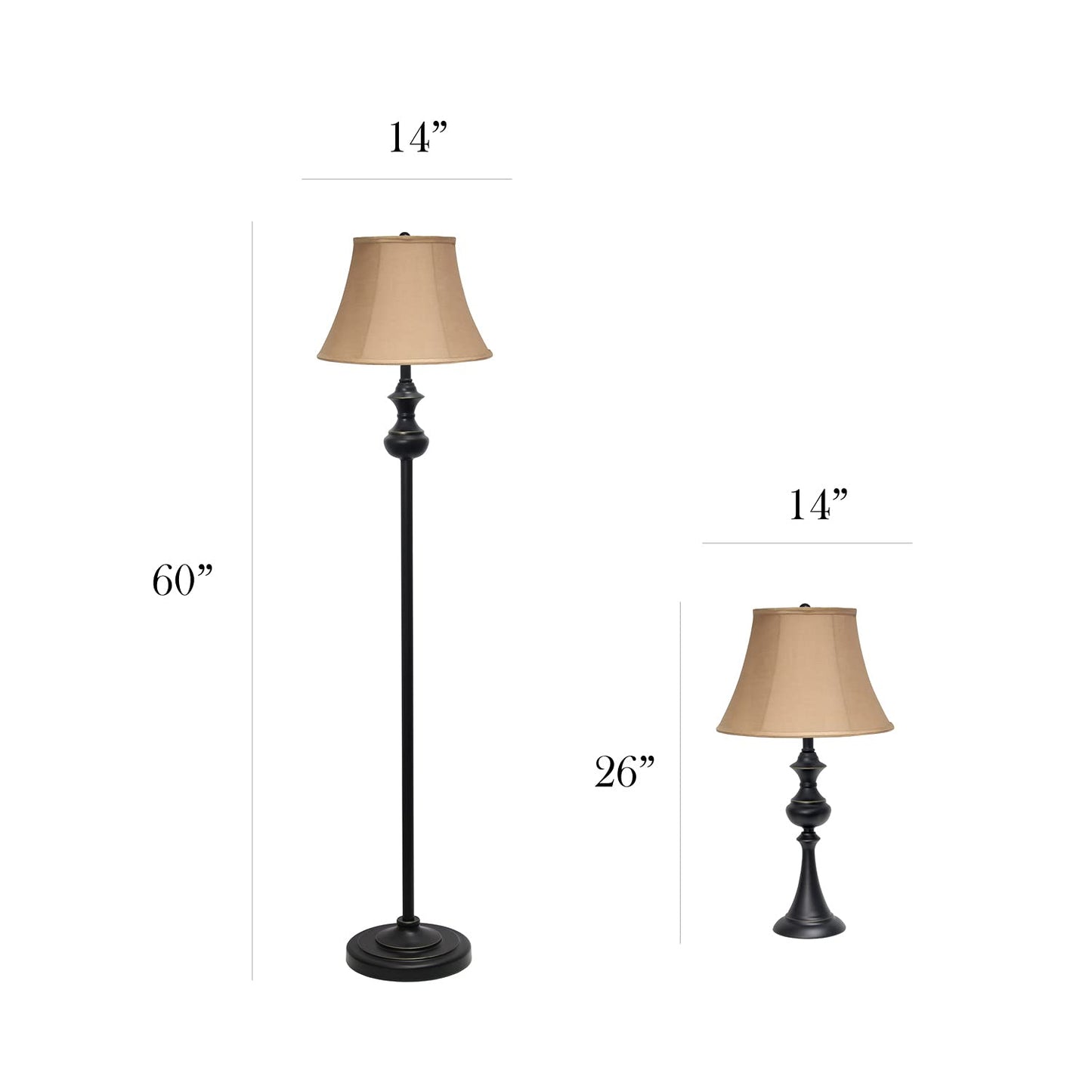 Elegant Designs LC1019-RBZ Traditionally Crafted 3 Pack Lamp Set (2 Table Lamps, 1 Floor Lamp) with Tan Fabric Shades, Restoration Bronze