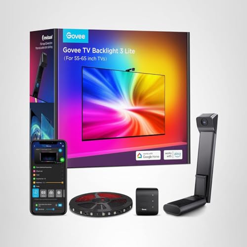Govee TV Backlight 3 Lite for 55-65" TVs, 11.8ft RGBICW LED Strip with Camera, Fish-Eye Correction, 4-in-1 Color, App & Voice Control