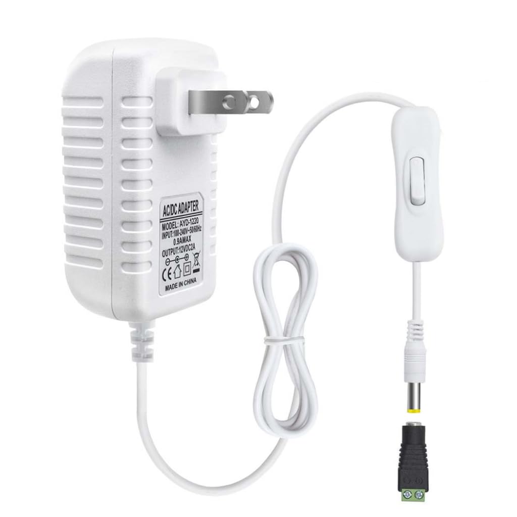 12V 2A 24W DC Power Supply with On/Off Switch, AC 110V to 12V Adapter for LED Strips, 5.5x2.1mm Female Connector, White