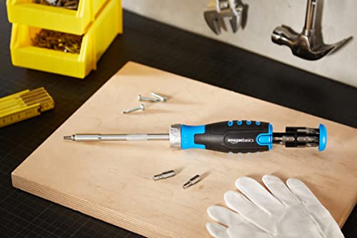 Amazon Basics 12 Piece Ratcheting Magnetic Screwdriver Set with Multiple Bits, Black, Blue, Silver