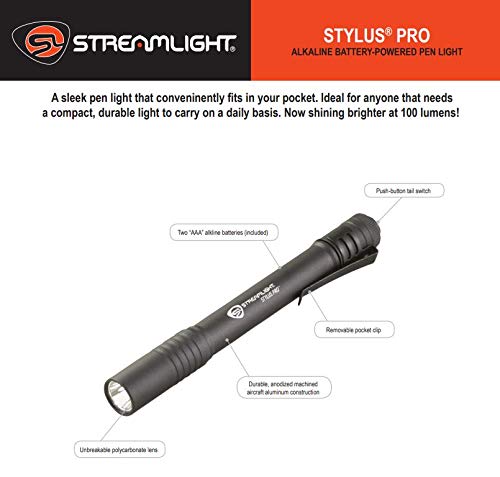 Streamlight 66118 Stylus Pro 100-Lumen Penlight with 2 AAA Alkaline Batteries, Black