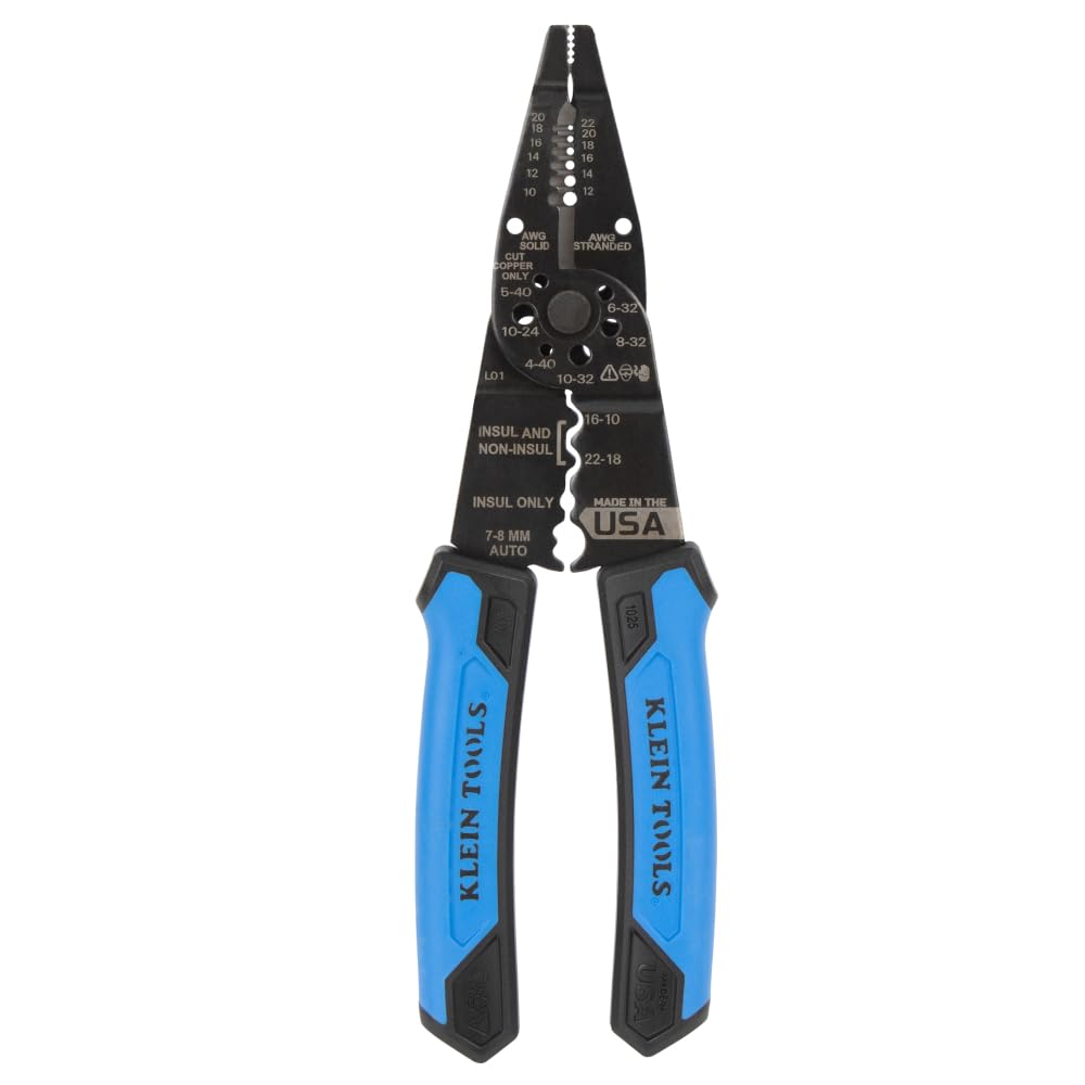 Klein Tools 1025 Long Nose Wire Stripper & Crimper, Made in USA, Multi-Purpose Electrician Tool for 10–20 AWG Solid, 12–22 AWG Stranded