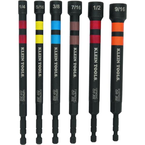 Klein Tools 32950 Ratcheting Impact Rated Hollow Power Nut Driver Set with Handle, Magnetic, Color Coded, 6 SAE Hex Sizes and Handle Included