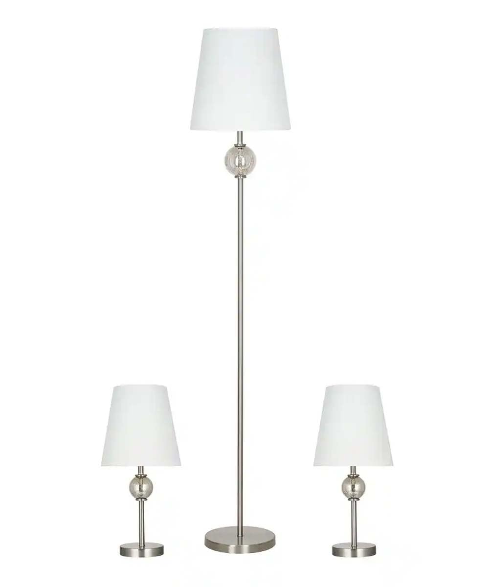 Catalina Modern Classic 3-Piece Floor and Table Lamp Combo Set, Brushed Nickel Metal Finish w/Glass Font