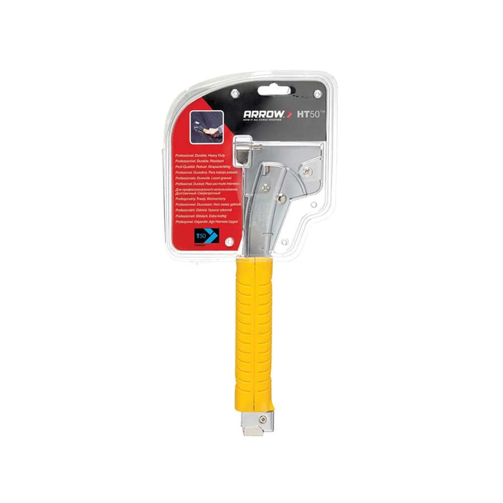 Arrow HT50 Heavy Duty Hammer Tacker, Chrome Steel Stapler with Sure-Grip Handle, Dual-Load Magazine, Fits 5/16"–1/2" Staples