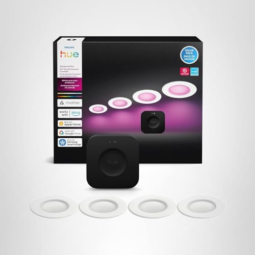 Philips Hue Starter Kit: Bridge Pro & 4 Retrofit Recessed Downlights 5/6-inch, White & Color Ambiance, Dimmable, Smart Light Hub,Works with Voice