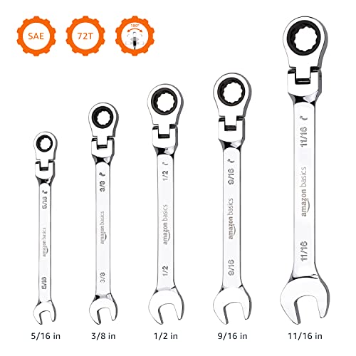 Amazon Basics Ratchet Wrenches Set, Flexible SAE Flex Head, 5-Piece