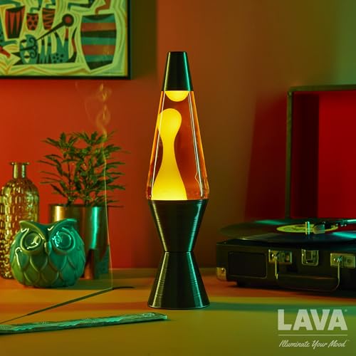 Lava® Lamp - 14.5'' Vinyl Record Grooved Base - The Original Motion Light - Yellow Wax and Orange Liquid - Item #2017