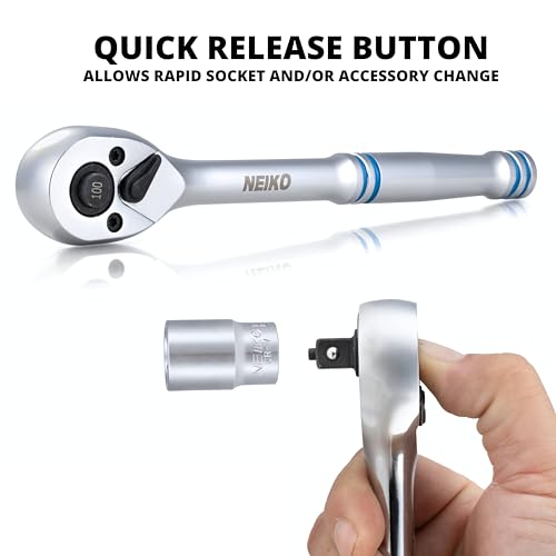 NEIKO 3/8 Inch Ratchet Wrench, 100-Tooth Reversible, 3.6 Degree Swing, Quick Release, 8" Long Handle, Silver Chrome Vanadium Steel