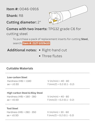 Accusize Industrial Tools 2'' Carbide Indexable End Mill, R8 Shank, with 3 Pc Tpg 322 Inserts, 0046-0916