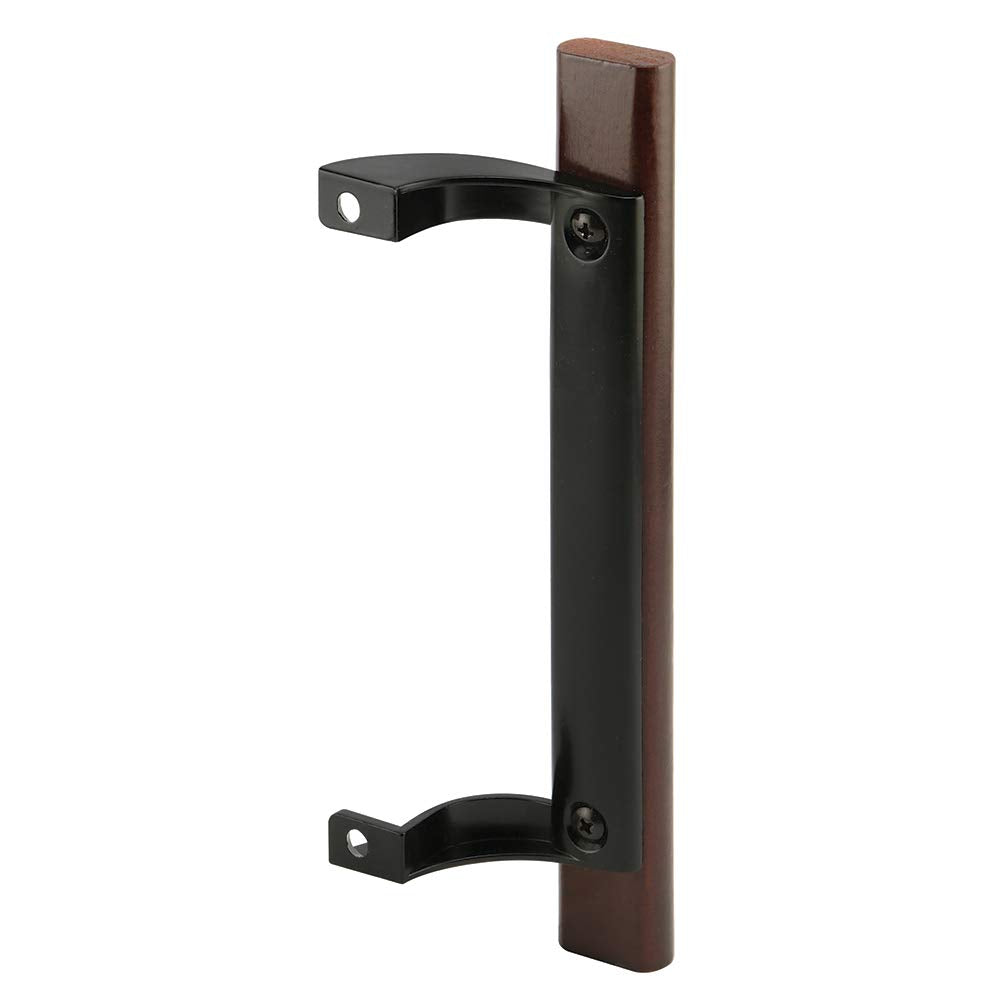 Prime-Line C 1190 Sliding Glass Door Pull Handle, 6-1/2 In. to 6-5/8 In. Hole Centers, Black Diecast Supports, Wood Handle (Single Pack)