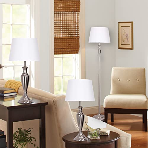 Catalina Lighting 18078-001 Transitional 3-Piece Metal Floor & Table Lamp Set with Linen Shades 59" and 24" Brushed Nickel Classic