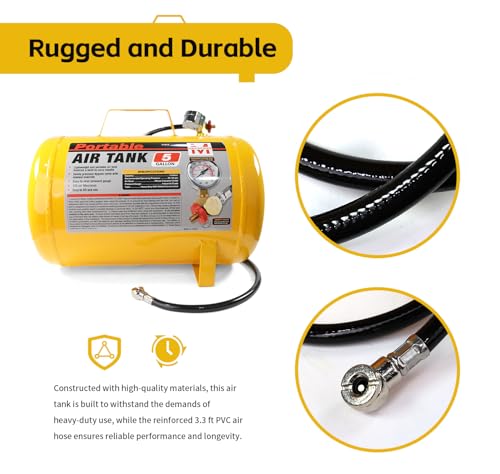 MaxWorks 51010 5 Gallon Portable Air Tank with Pressure Gauge, Safety Valve & 40" Hose, Lightweight Durable, 140 PSI Max