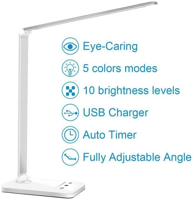White Crown LED Desk Lamp, Dimmable Reading Table Lamp with USB Charging Port, Touch Control, 5 Lighting Modes, 30/60 Min Timer (White)