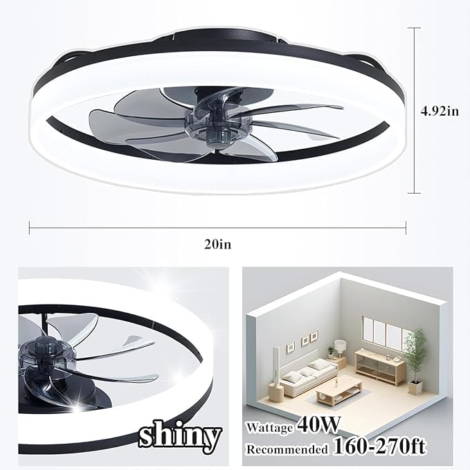 20'' Modern Black Ceiling Fan with Light & Remote, Flush Mount Fandelier for Bedroom, 6 Speeds, Adjustable Color Temperature