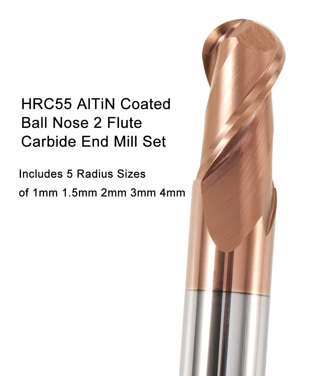 ASNOMY 5PCS Ball Nose Carbide End Mill Set, 1–4mm CNC Router Bits, 2 Flute Spiral Milling Tools, HRC55, 5 Radius Sizes