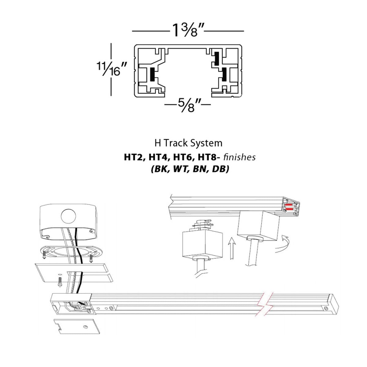 WAC Lighting H Track 8FT Single Circuit Field Cuttable 120V Track for H Style 3-Wire Track Fixtures with 2 Endcaps in Black
