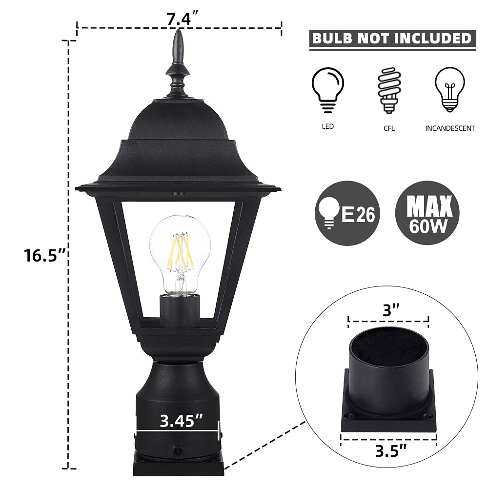 Windben Outdoor Post Light, Waterproof Aluminum Lantern, Matte Black 16.5" Garden Yard Driveway Pier-Mount Lamp Fixture