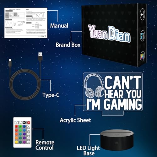 YuanDian “Can’t Hear You I’m Gaming” Night Light, Gamer 3D Illusion Lamp with Headset Design, 16 Color LED, Touch & Remote Control Gift for Men, Teens & Kids