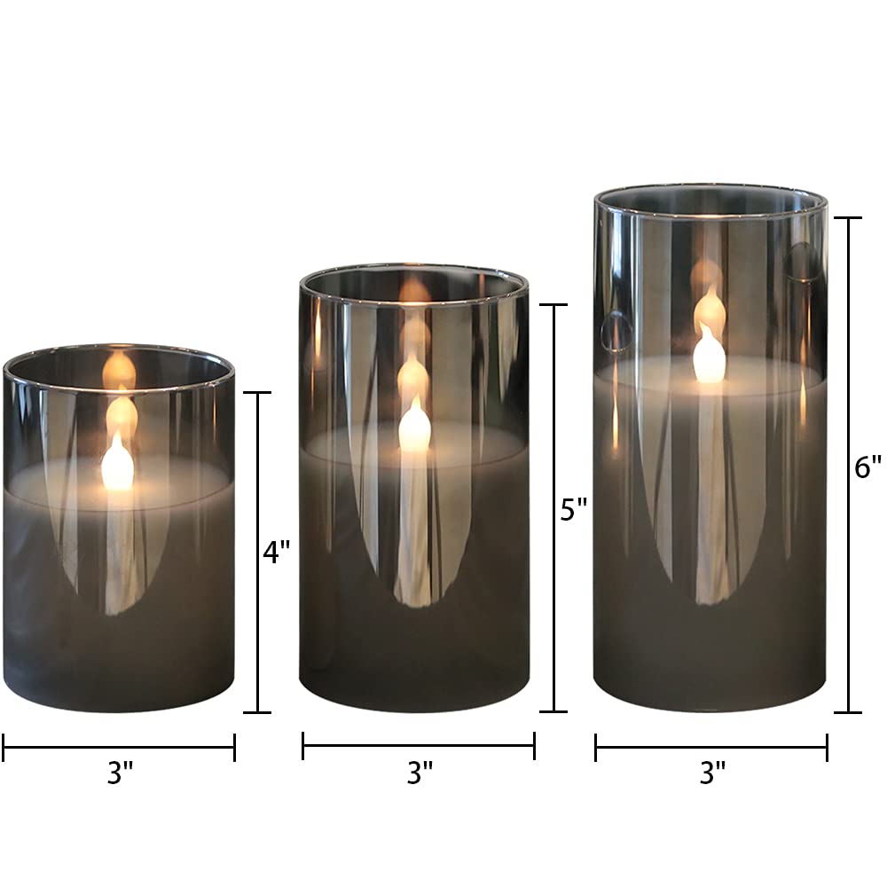 GenSwin Set of 3 Gray Glass LED Flameless Candles, Battery Operated, Real Wax, Warm White Flicker with 10-Key Remote & Timer