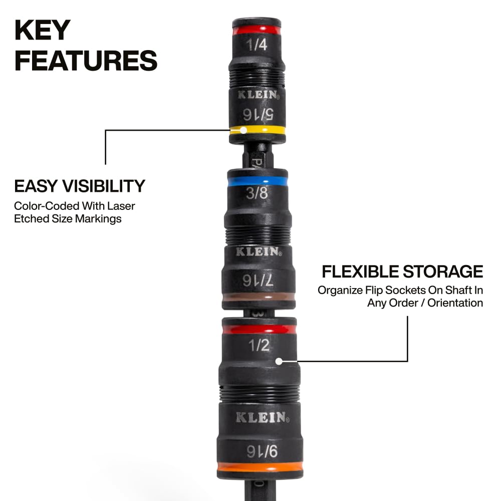 Klein Tools 32933 Impact Driver Set, SAE 7-in-1 Socket, 3 Flip Sockets, 6 Hex Sizes, 1/4" Bit Holder, 5" Shaft