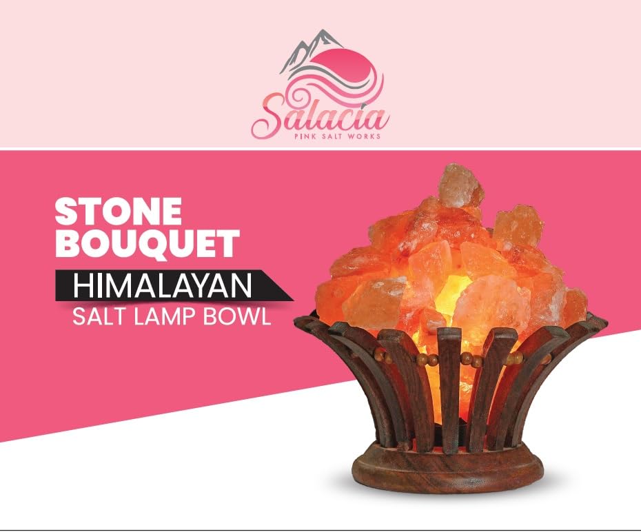 Stone Bouquet Himalayan Salt Lamp Bowl with Dimmer Cord, Natural Pink Salt Rocks, Neem Wood Basket, Wooden Base Light