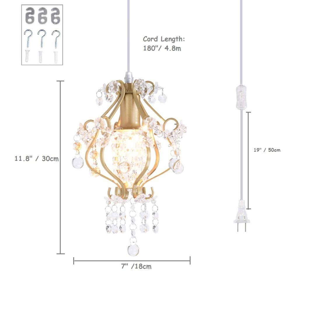Surpars House Elegant Mini Chandelier Plug in Crystal Pendant Light,Golden