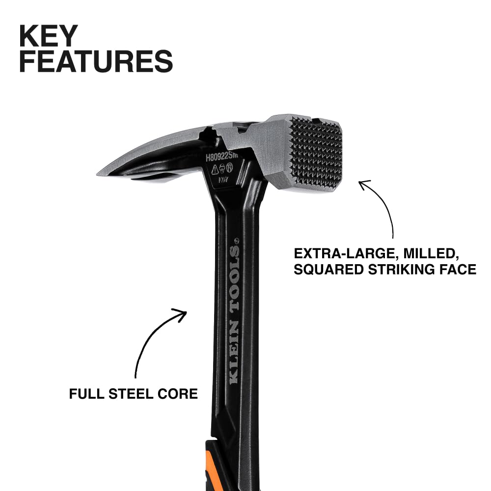 Klein Tools H80922SM Milled Face Framing Hammer with Straight Claw, 22-Ounce Forged Steel, Magnetic Nail Starter and Extra-Large Squared Strike Face